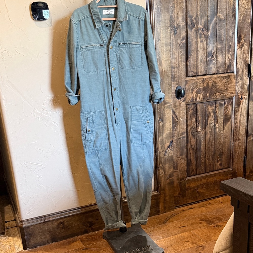 Free People teal-green woven button-up jumpsuit